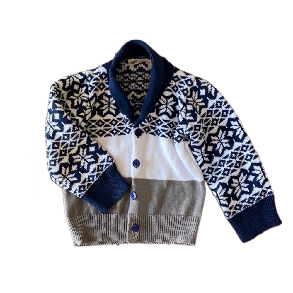 Monica & Andy Navy White & Gray Festive Cotton Cardigan Sweater Toddler 3T